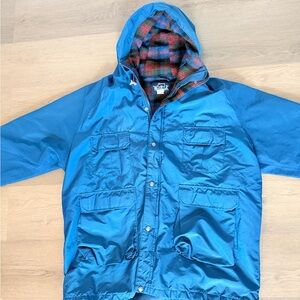 Woolrich Blue Jacket with Red and Green Plaid Lining